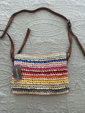 Style & Co. Striped Woven Crossbody Bag Multicolor with Tan Strap NWT